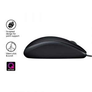 Logitech B110 Silent Wired Mouse, USB-A, 1000 DPI, Black