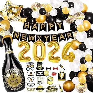 Ecost Customer Return New Year's Eve 2023 Decorations with Photo Props, Black Gold Balloons, Pompoms