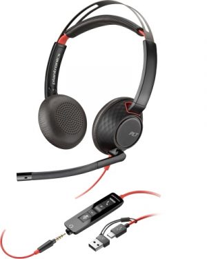 Poly Blackwire 5220 Stereo Wired Headset, USB-C, 3.5mm, USB-C/A Adapter, Black