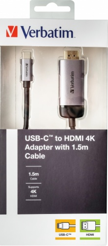 Verbatim 49144 USB-C to HDMI 4K Adapter, USB 3.1 GEN 1, HDMI 4K (60Hz), 1.5m Cable, Grey/Black