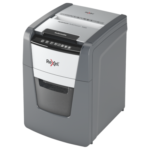 Rexel Optimum AutoFeed+ 100X Paper Shredder Cross Cut 4x28mm P-4 34L 55 dBA, Grey/Black