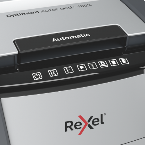 Rexel Optimum AutoFeed+ 100X Paper Shredder Cross Cut 4x28mm P-4 34L 55 dBA, Grey/Black