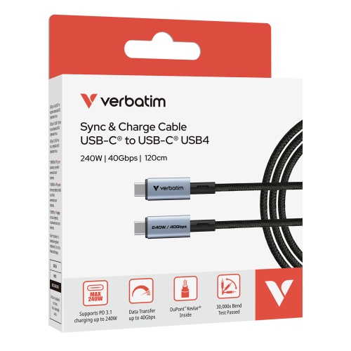Verbatim 31847 Sync & Charge Cable USB-C to USB-C 240W 40Gbps 120cm, Grey/Black