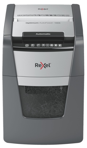 Rexel Optimum AutoFeed+ 100X Paper Shredder Cross Cut 4x28mm P-4 34L 55 dBA, Grey/Black