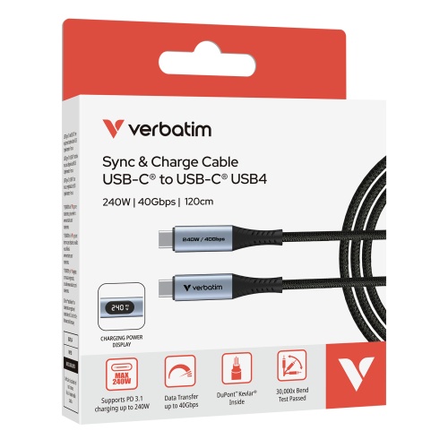 Verbatim 31849 Sync & Charge Cable USB-C to USB-C 240W 40Gbps 120cm, Power Display, Grey/Black