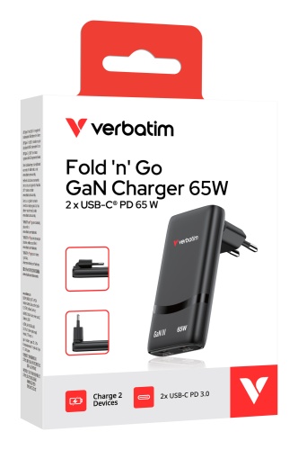 Verbatim 32354 Fold 'n' Go GaN Charger 65W 2-Port, USB-C, EU Plug, Black