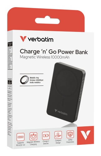 Verbatim 32227 Charge 'n' Go Essentials Magnetic Wireless Power Bank 10000mAh, Black