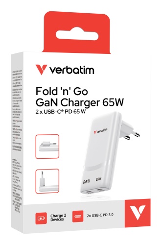 Verbatim 32355 Fold 'n' Go GaN Charger 65W 2-Port, USB-C, EU Plug, White