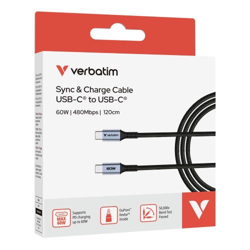 Verbatim 31845 Sync & Charge Cable USB-C to USB-C 60W 480Mbps 120cm, Grey/Black