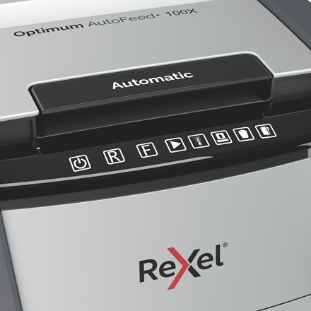 Rexel Optimum AutoFeed+ 100X Paper Shredder Cross Cut 4x28mm P-4 34L 55 dBA, Grey/Black