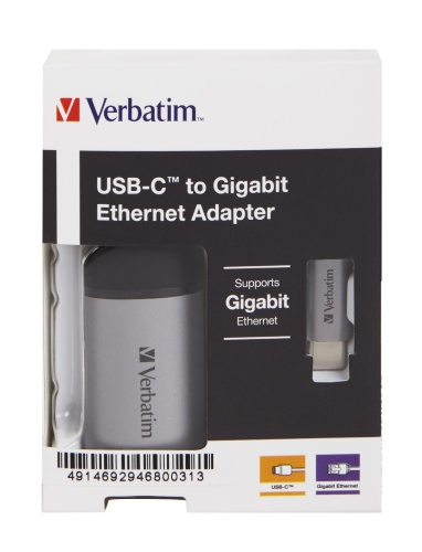 Verbatim 49146 USB-C to Gigabit Ethernet Adapter, USB 3.1 GEN 1, Gigabit Ethernet, Grey/Black