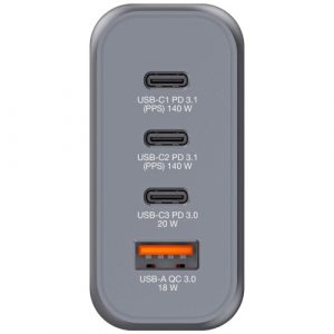 82e7f96d-4bad-4d09-9f4a-b1b068a2b3a1 Verbatim 32203 GaN Charger 140W 4-Port, USB-A/USB-C, EU/UK/US PlugS, Grey/Black