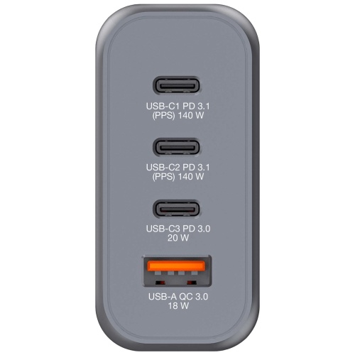 Verbatim 32203 GaN Charger 140W 4-Port, USB-A/USB-C, EU/UK/US PlugS, Grey/Black