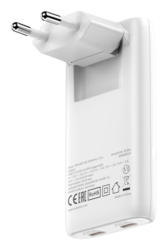 Verbatim 32355 Fold 'n' Go GaN Charger 65W 2-Port, USB-C, EU Plug, White