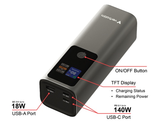 Verbatim 32269 Charge 'n' Go Power Bank 27000mAh 183W, USB-C, USB-A, Grey