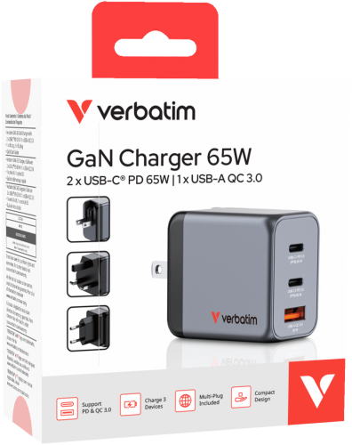Verbatim 32201 GaN Charger 65W 3-Port, USB-A/USB-C, EU/UK/US Plug, Grey/Black