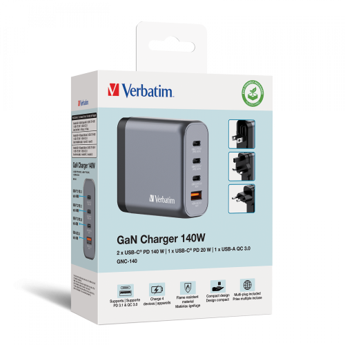 Verbatim 32203 GaN Charger 140W 4-Port, USB-A/USB-C, EU/UK/US PlugS, Grey/Black