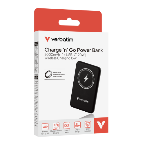 Verbatim 32240 Charge 'n' Go Magnetic Wireless Power Bank 5000mAh, Black