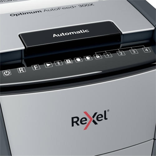 Rexel Optimum AutoFeed+ 300X Paper Shredder Cross cut 4x25 mm P-4 60 L, 55dB, Grey/Black