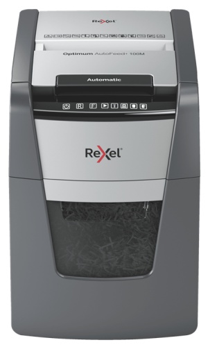 Rexel Optimum AutoFeed+ 100M Paper Shredder, Micro-cut shredding 2x15mm P-5 34L 55dB, Grey/Black