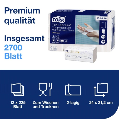 Hand towel sheets Tork Xpress Soft Multifold H2, 2 l.,225 sheets.,22.2x24cm, Z, 12pcs