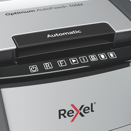 Rexel Optimum AutoFeed+ 100M Paper Shredder, Micro-cut shredding 2x15mm P-5 34L 55dB, Grey/Black