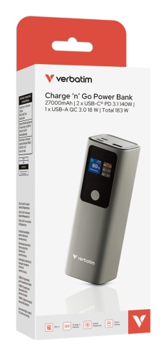 Verbatim 32269 Charge 'n' Go Power Bank 27000mAh 183W, USB-C, USB-A, Grey