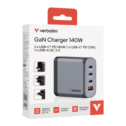 Verbatim 32203 GaN Charger 140W 4-Port, USB-A/USB-C, EU/UK/US PlugS, Grey/Black