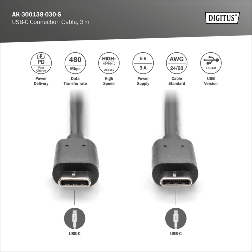 Digitus AK-300138-030-S USB-C Cable, USB-C 2.0 Male į USB-C 2.0 Male, 3 m, Black