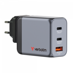 Verbatim 32201 GaN Charger 65W 3-Port, USB-A/USB-C, EU/UK/US Plug, Grey/Black