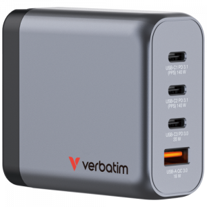 Verbatim 32203 GaN Charger 140W 4-Port, USB-A/USB-C, EU/UK/US PlugS, Grey/Black