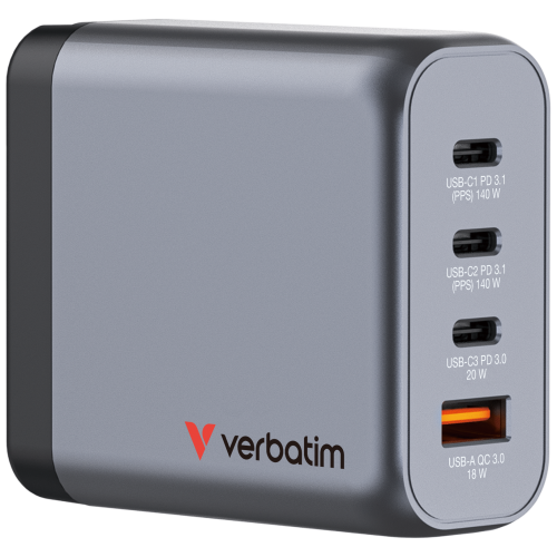 Verbatim 32203 GaN Charger 140W 4-Port, USB-A/USB-C, EU/UK/US PlugS, Grey/Black