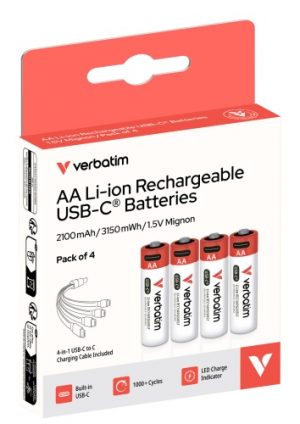 Verbatim 30249 USB-C Rechargeable Batteries Li-ion AA 2100mAh (4 pcs/Pack)