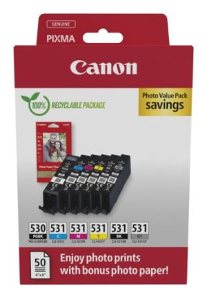 Canon PGI-530PGBK/CLI-531 (6117C004) Photo value pack Ink Cartridge Multipack, PGBK/C/M/Y/BK/GY
