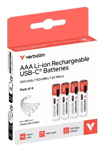 Verbatim 30250 USB-C Rechargeable Batteries Li-ion AAA 500mAh (4 pcs/Pack) - Image 2