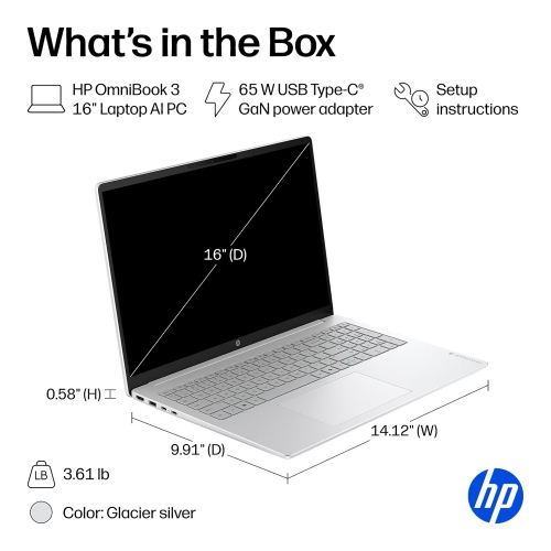 HP OmniBook 3 16'' WUXGA Intel Core Ultra 7 255U (2025) 16GB 512GB SSD W11H, Glacier Silver - Image 4
