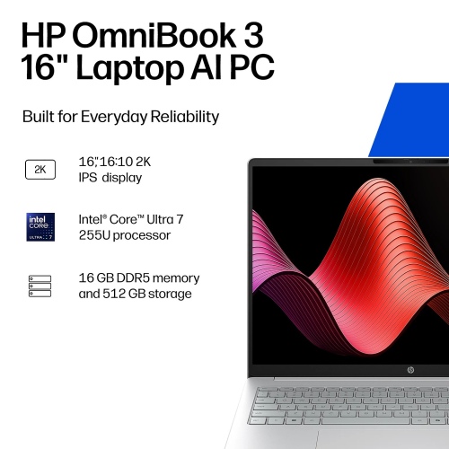 HP OmniBook 3 16'' WUXGA Intel Core Ultra 7 255U (2025) 16GB 512GB SSD W11H, Glacier Silver - Image 2